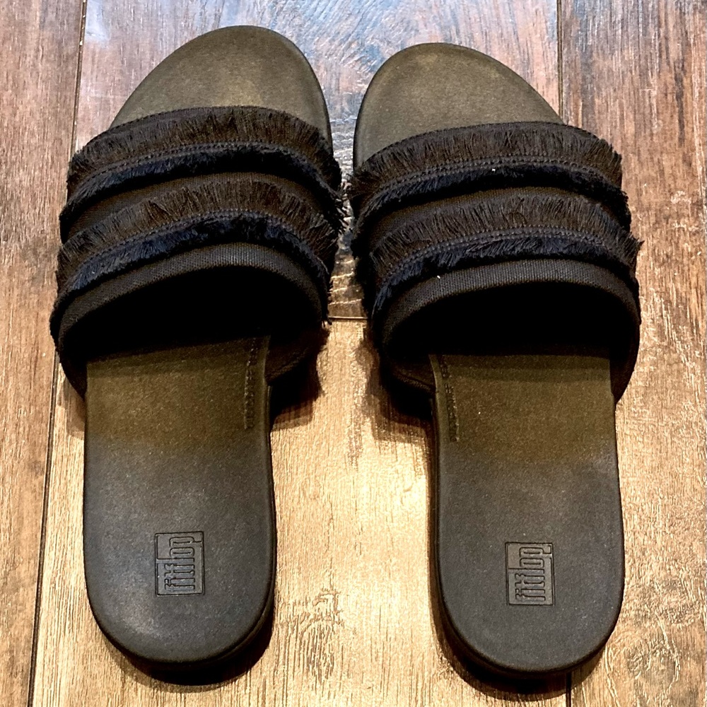 Fitflop Sola Fringe Black Slides. Size 7. NIB